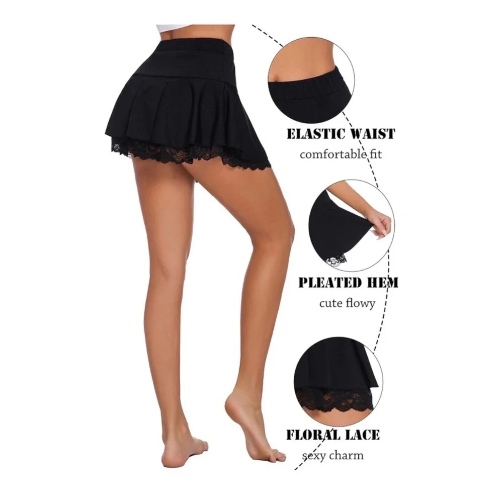 Black Lace Trim Coquette PleatedElastic Waist Flirty Ruffle Bodycon Mini Skirt-S